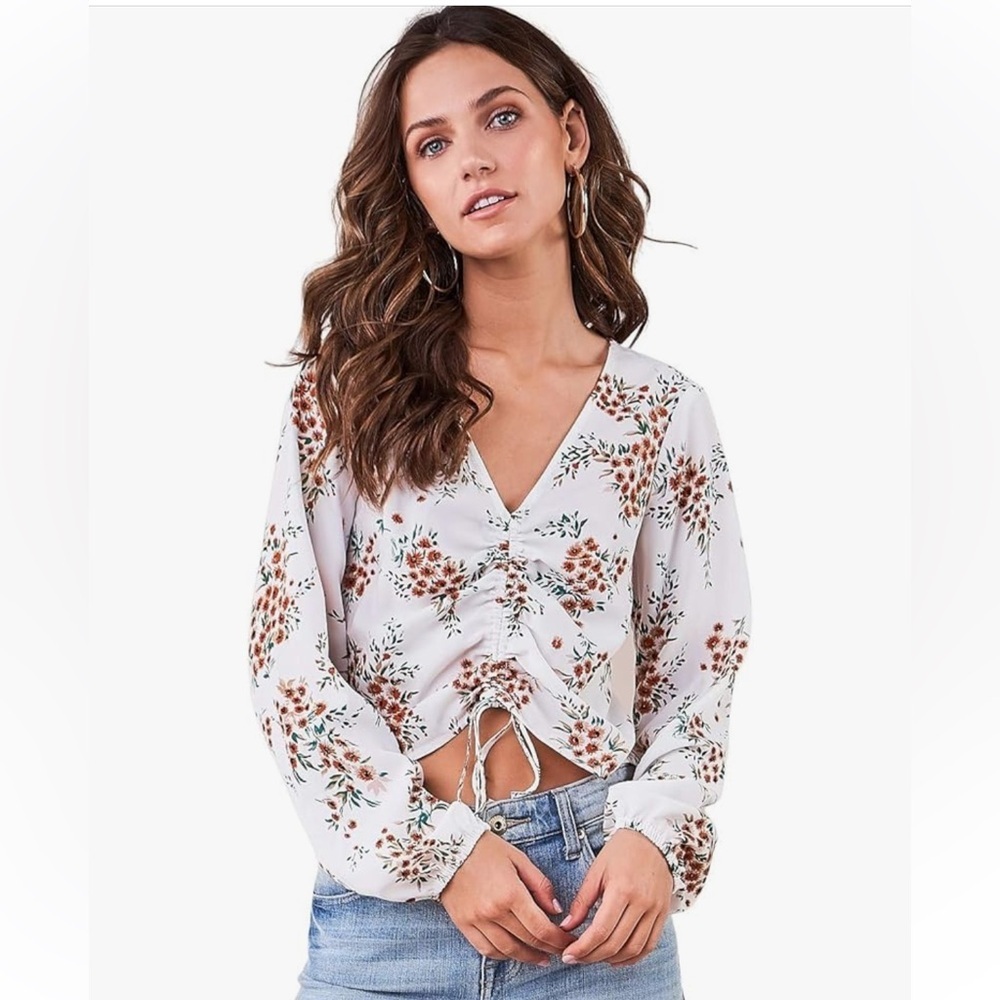 Sugarlips Floral Ruched Drawstring Top Boho Summer Cottagecore | Size XS